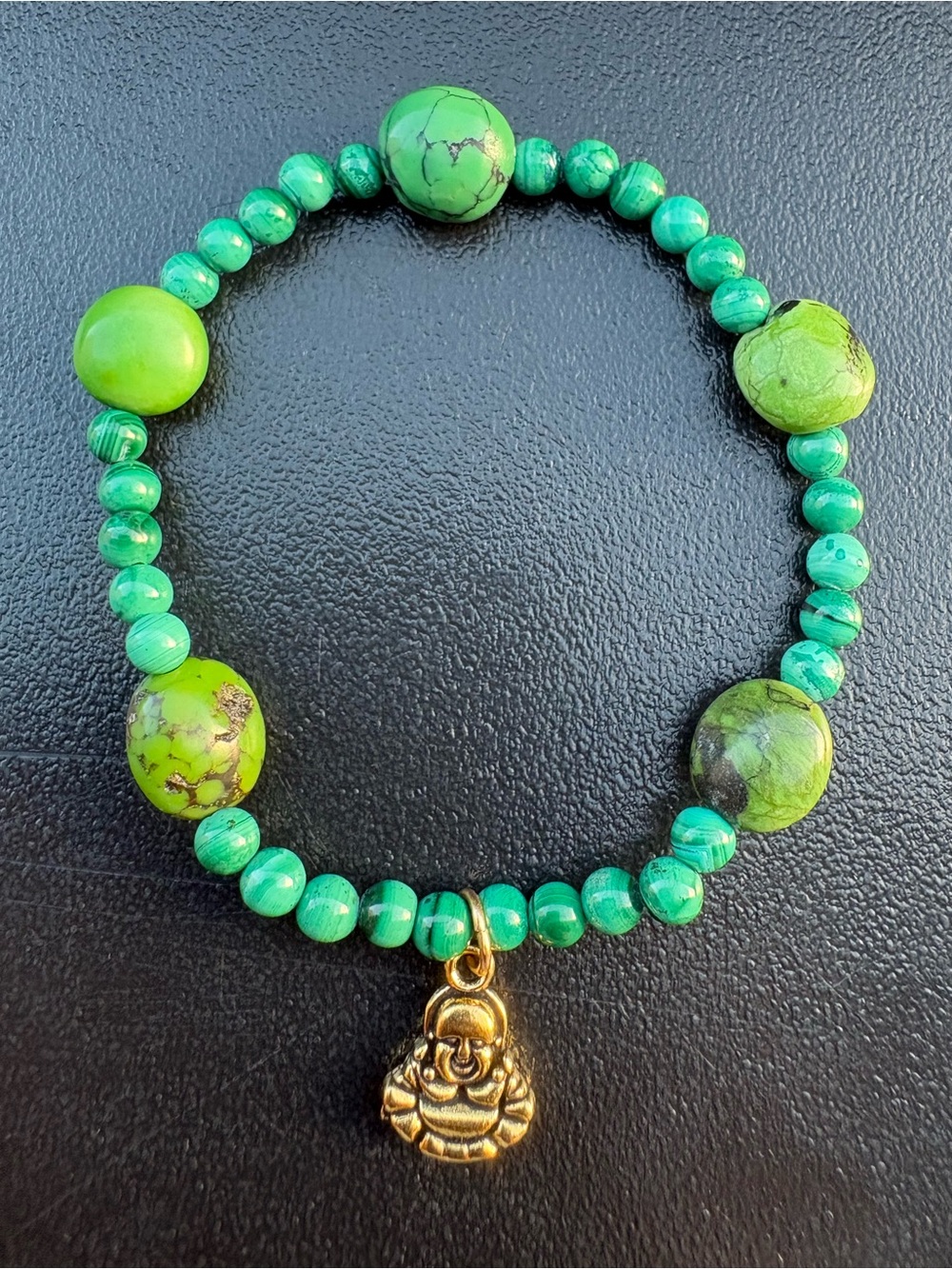 Green Beaded Buddha Charm Stretch Bracelet